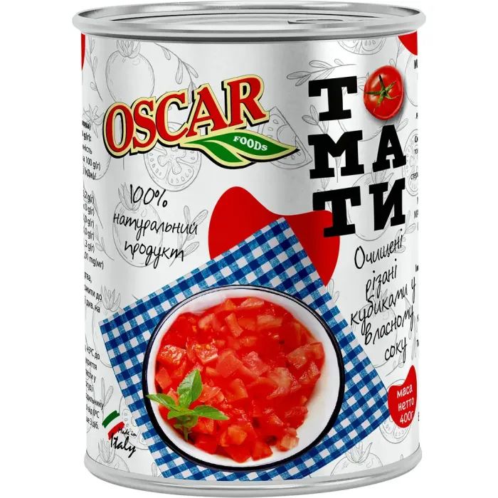 Овощная консервация Oscar foods Томаты очищенные резаные кубиками в собственном соку 400 г (8028277007739)