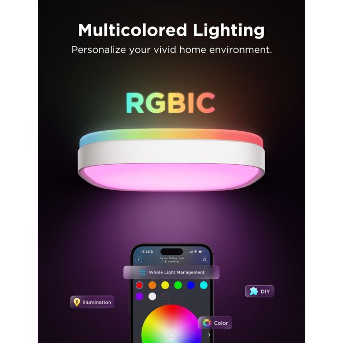 Светильник Govee H60A4 30cm Smart Square Ceiling Light, RGBWW + RGBIC, WI-FI/Bluetooth, білий (H80A4C01) изображение 12