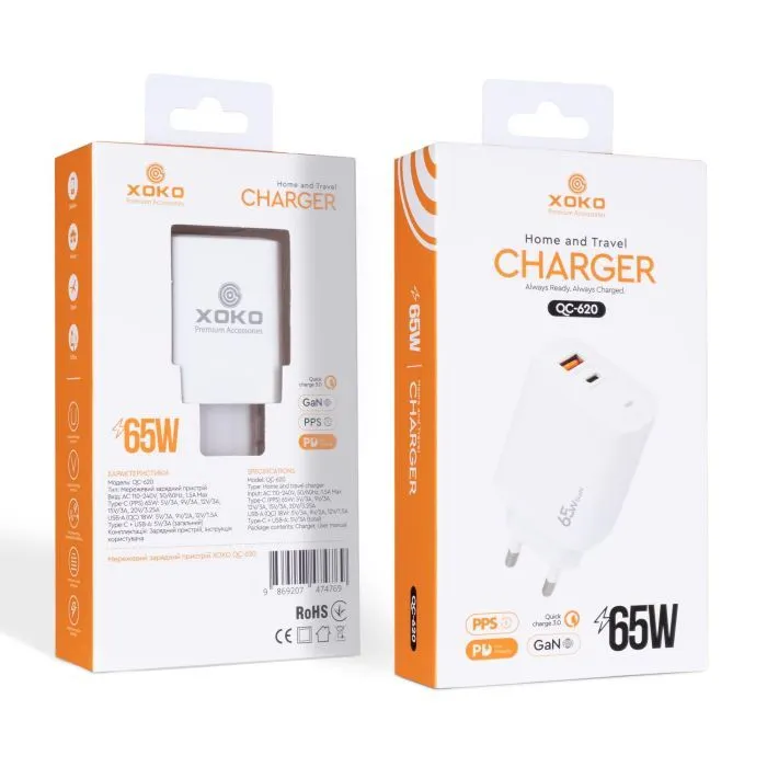 Зарядное устройство XoKo 1xUSB-C PD65W + 1xUSB QC3.0 GaN white (XK-QC-620) изображение 2