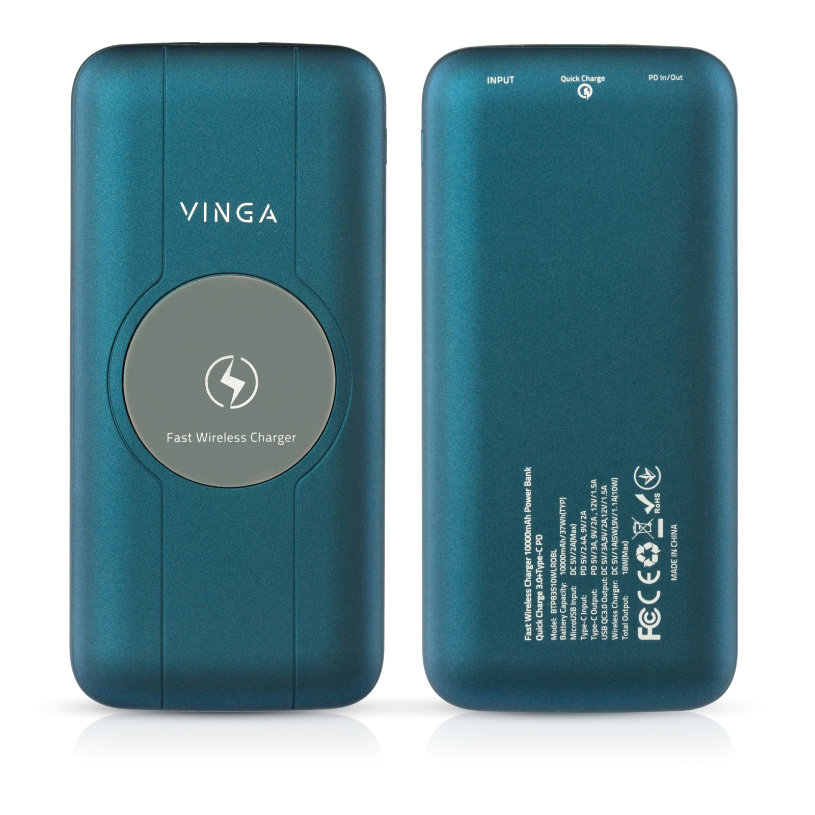 Батарея універсальна Vinga 10000 mAh Wireless QC3.0 PD soft touch blue (BTPB3510WLROBL) зображення 2
