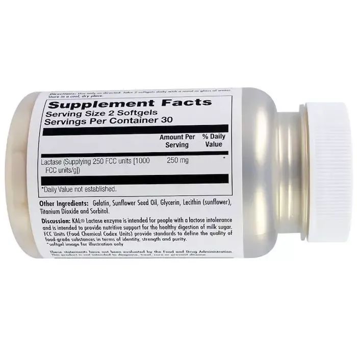 Пробіотики KAL Лактаза, Lactase Enzyme, 250 мг, 60 гелевих капсул (CAL-80206) зображення 2