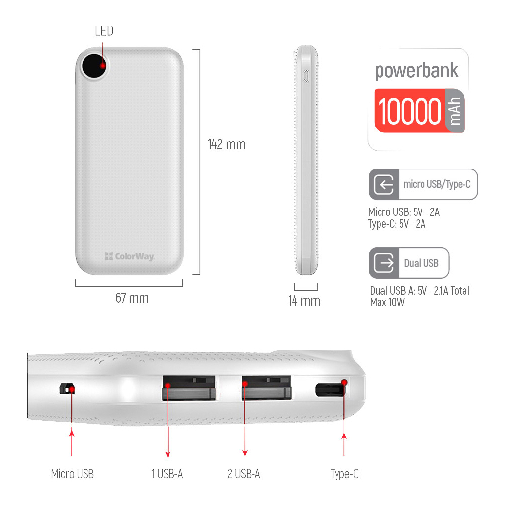Батарея універсальна ColorWay 10 000 mAh Slim, LCD, White (CW-PB100LPH2WT-D) зображення 6
