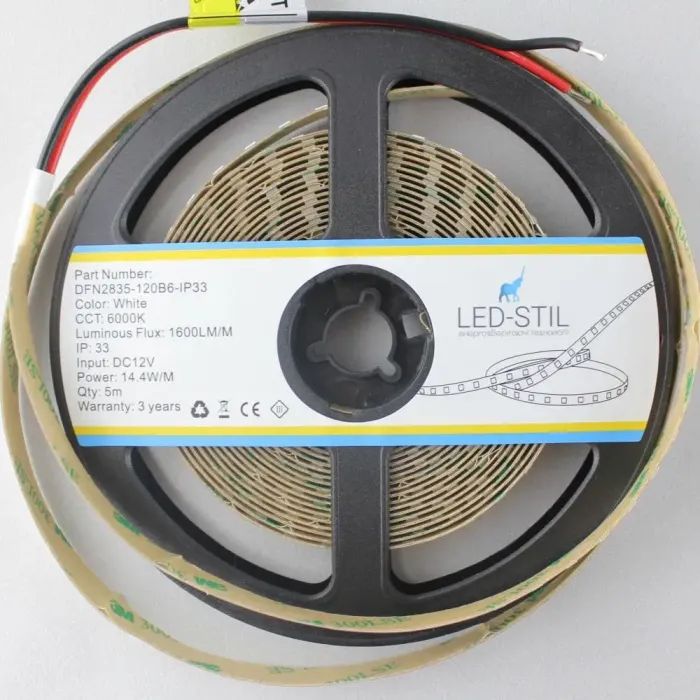 Світлодіодна стрічка LED-STIL 6000K 14,4 Вт/м 2835 120 діодів IP33 12 Вольт 1600 lm холодне світло (DFN2835-120B6-IP33) зображення 2