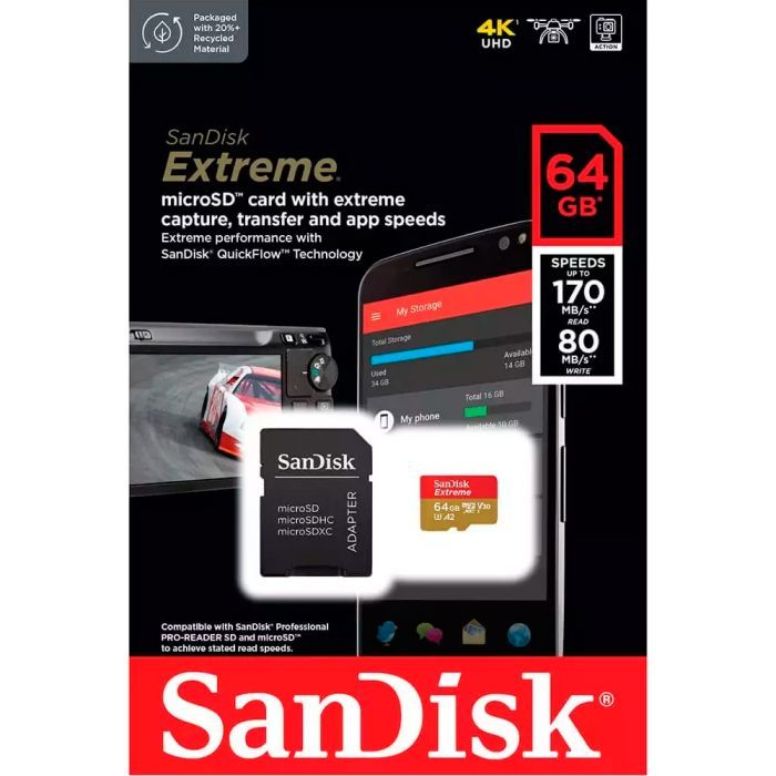 Карта пам'яті SanDisk 64GB microSD class 10 UHS-I Extreme For Action Cams and Dro (SDSQXAH-064G-GN6AA) зображення 5