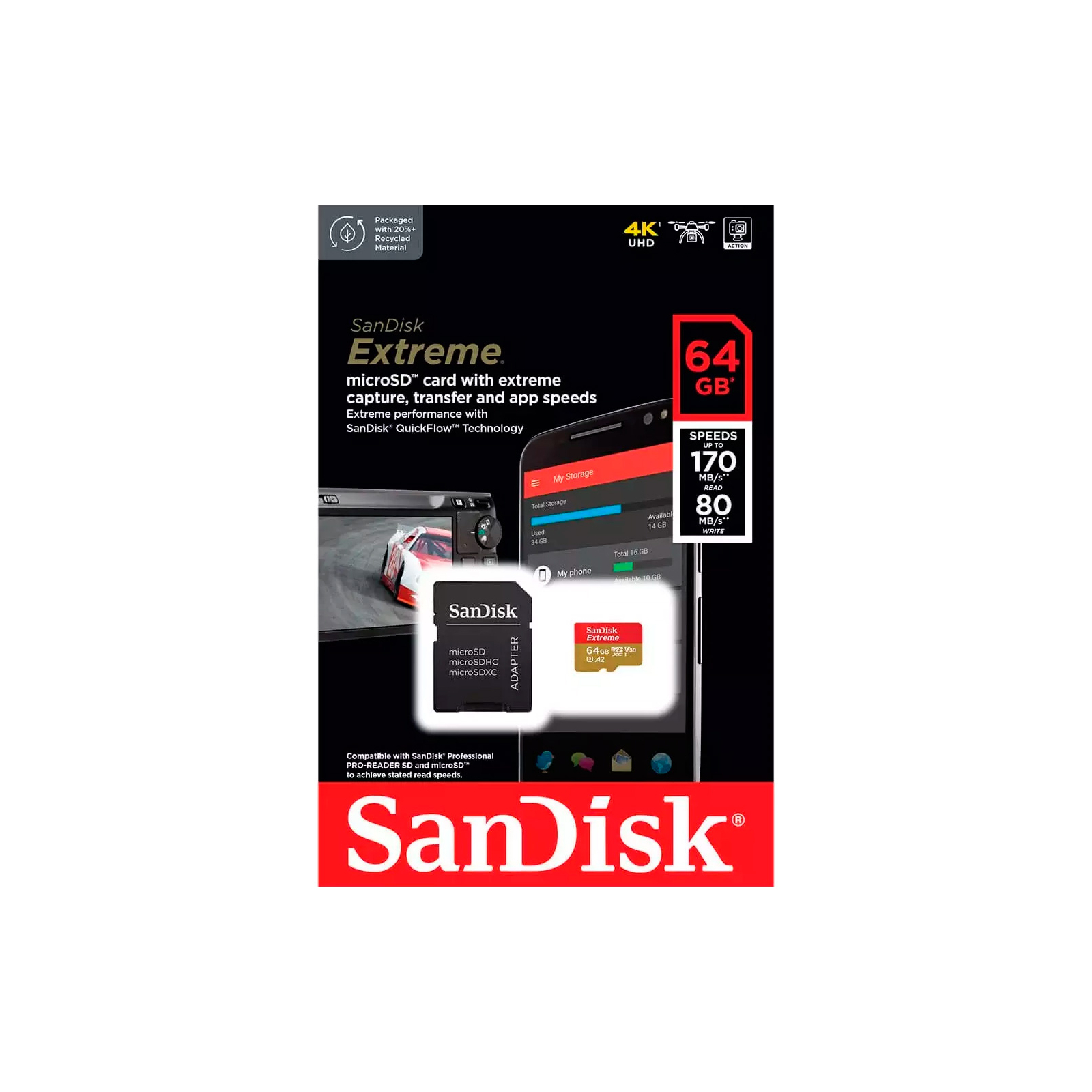 Карта пам'яті SanDisk 64GB microSD class 10 UHS-I Extreme For Action Cams and Dro (SDSQXAH-064G-GN6AA) зображення 5