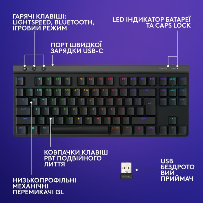 Клавиатура Logitech G515 TKL Lightspeed Tactile Bluetooth UA White (920-012539) изображение 7