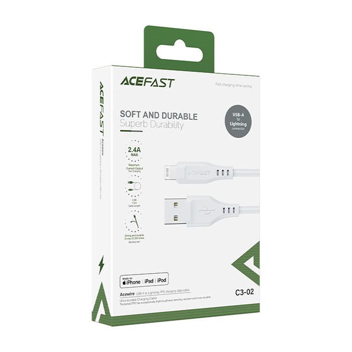 Дата кабель USB 2.0 AM to Lightning 1.2m 2.4A TPE C3-02 White Acefast (6974316280835) изображение 3