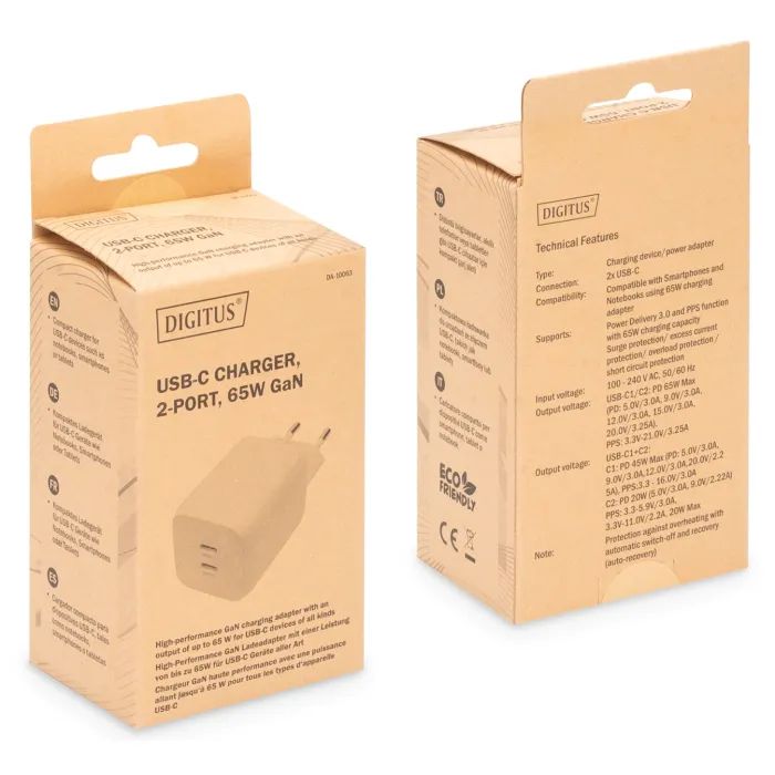 Зарядний пристрій Digitus 2xUSB-C PD65W GaN (DA-10063) зображення 4
