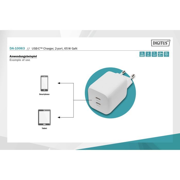 Зарядний пристрій Digitus 2xUSB-C PD65W GaN (DA-10063) зображення 5