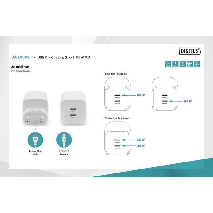Зарядний пристрій Digitus 2xUSB-C PD65W GaN (DA-10063) зображення 7