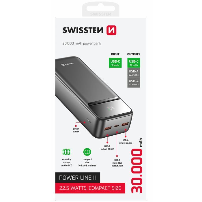 Батарея універсальна SWISSTEN 30000mAh POWER LINE II 22.5W PD QC Black (8595217490635) зображення 2