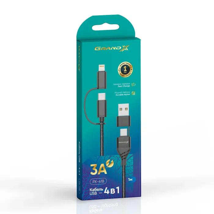 Дата кабель USB-C + USB-A to Lightning + Micro 5P + USB-C 1.0m 2.4-3A black Grand-X (PX-41B) изображение 4