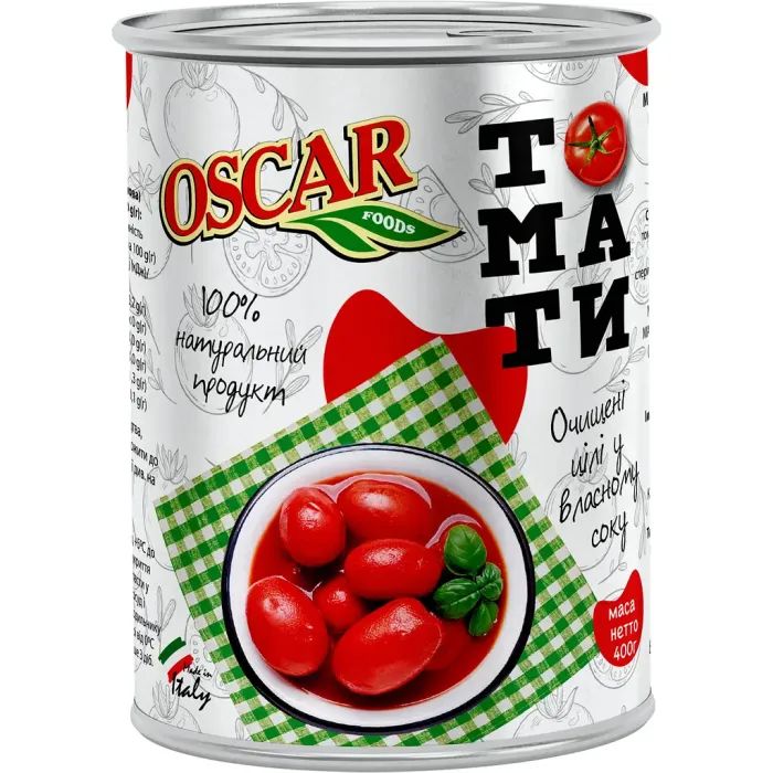 Овочева консервація Oscar foods Томати очищені цілі у власному соку 400 г (8028277007746)