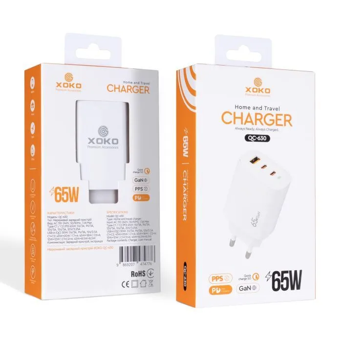 Зарядное устройство XoKo 2xUSB-C PD65W + 1xUSB QC3.0 GaN white (XK-QC-630) изображение 2