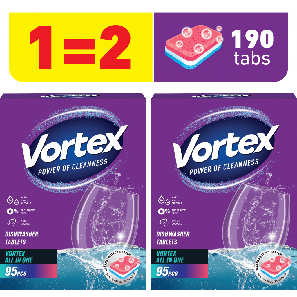 Таблетки для посудомоечных машин Vortex All in 1 95 шт + 95 шт. (4823071652871)