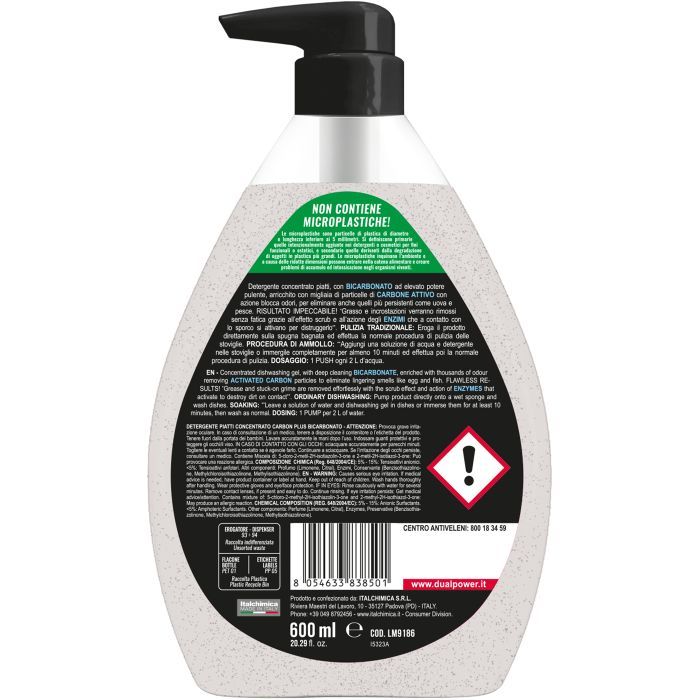 Средство для ручного мытья посуды Dual Power Carbon Plus Bicarbonate концентрированное 600 мл (8054633838501) изображение 2