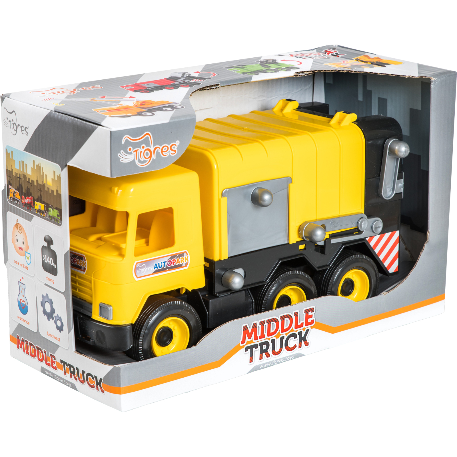 Спецтехника Tigres Авто "Middle truck" мусоровоз (желтый) в коробке (39492)