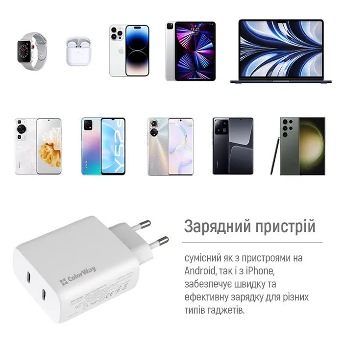 Зарядное устройство ColorWay GaN Mini 50W PD Port PPS USB (Type-C PD 30W + Type-C PD 20W) white (CW-CHS050PD-WT) изображение 12