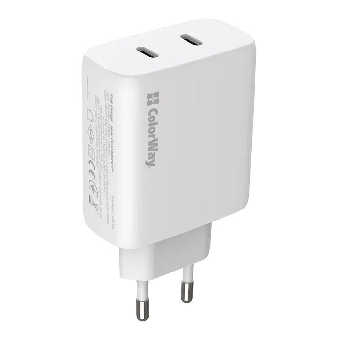 Зарядное устройство ColorWay GaN Mini 50W PD Port PPS USB (Type-C PD 30W + Type-C PD 20W) white (CW-CHS050PD-WT)