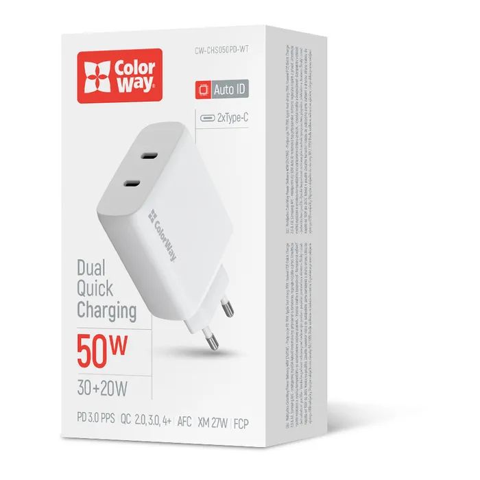 Зарядное устройство ColorWay GaN Mini 50W PD Port PPS USB (Type-C PD 30W + Type-C PD 20W) white (CW-CHS050PD-WT) изображение 6