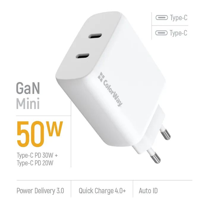 Зарядное устройство ColorWay GaN Mini 50W PD Port PPS USB (Type-C PD 30W + Type-C PD 20W) white (CW-CHS050PD-WT) изображение 7
