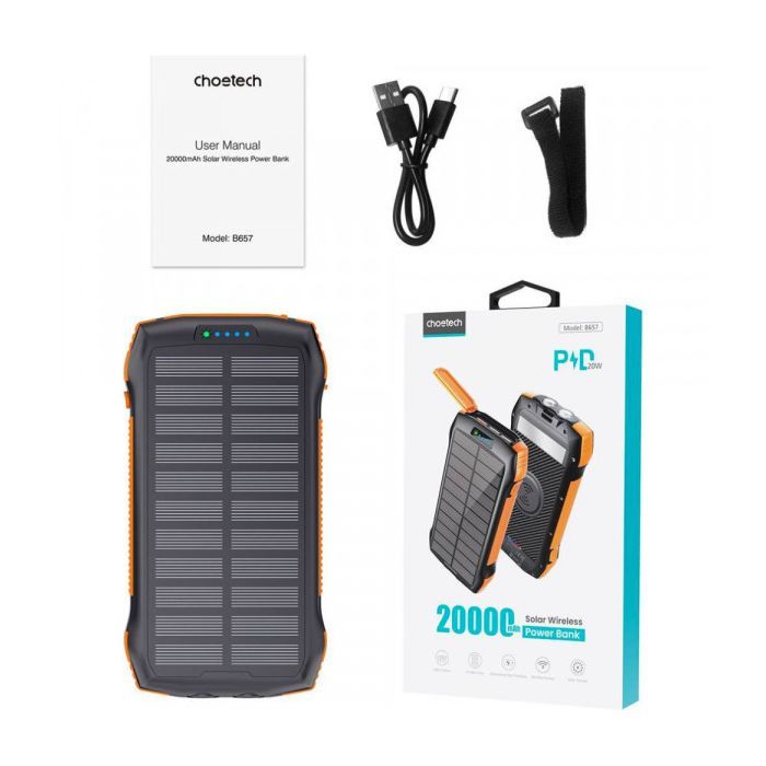 Батарея универсальная Choetech Wireless 20000mAh 20W, PD, QC/3.0, solar panel, Qi-5W, Black-Orange (B657-OR) изображение 4