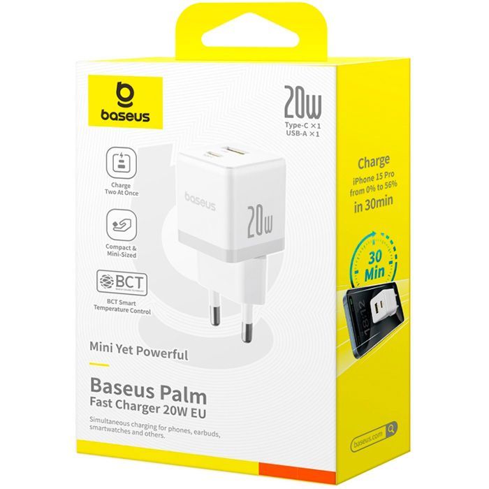 Зарядний пристрій Baseus Palm Fast Charger C+U 20W moon white (P10111608213-00) зображення 5