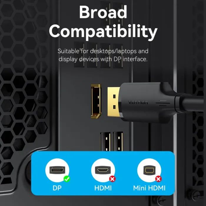 Кабель мультимедийный DisplayPort M to DisplayPort M 1.0m 4K black Vention (HAKBF) изображение 7