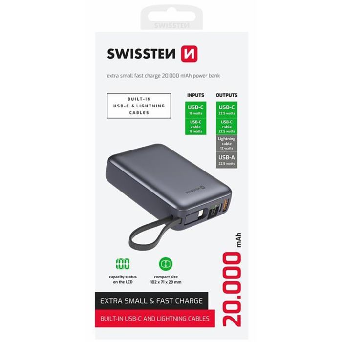 Батарея універсальна SWISSTEN 20000mAh SPACE 22/5W PD QC w/built-in cables USB-C/LIGHTNING Silver (8595217490598) зображення 2