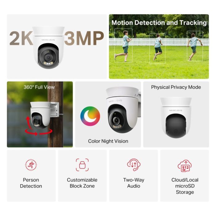 Камера відеоспостереження Mercusys IP-Камера MERCUSYS MC510 3MP N300 microSD motion detection, зовнішня (MC510) зображення 3