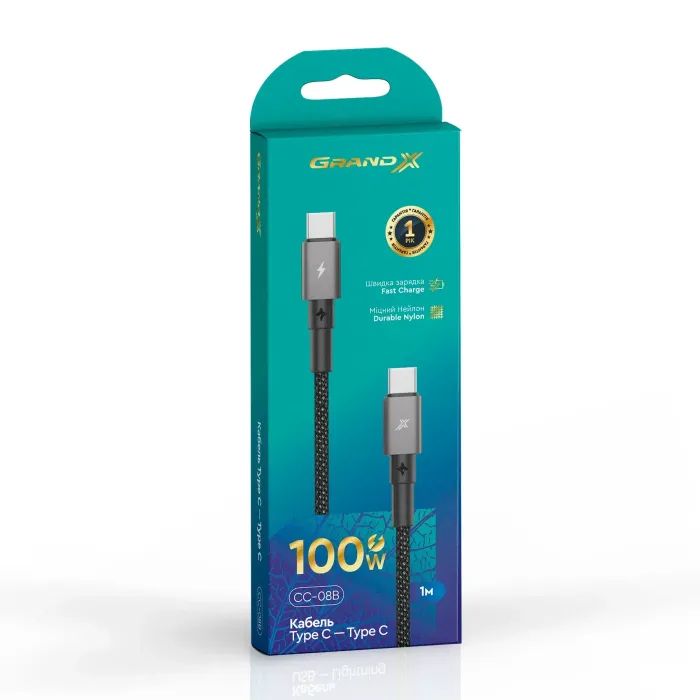 Дата кабель USB-C to USB-C 1.0m 100W black Grand-X (CC-08B) зображення 4