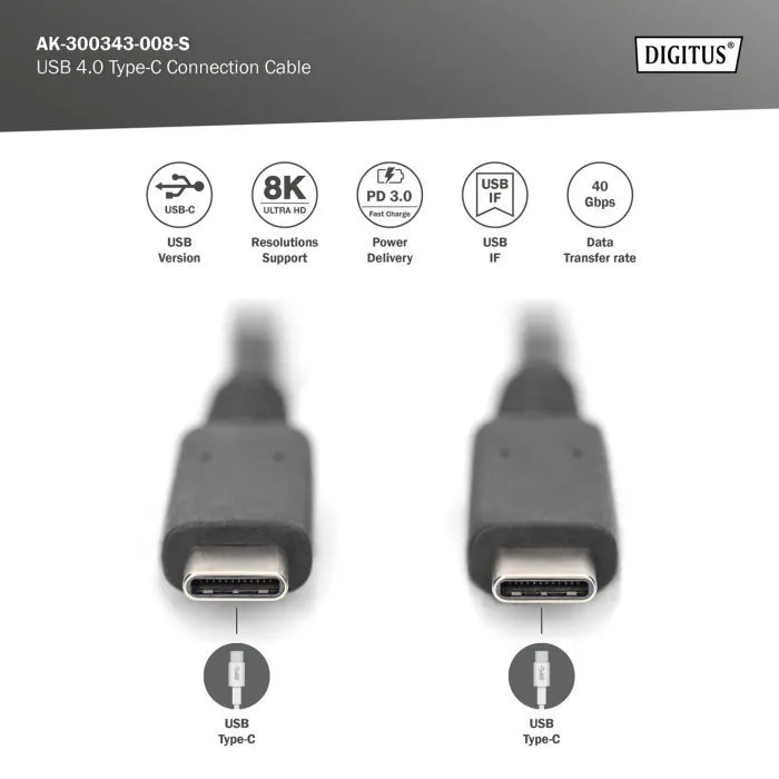 Дата кабель USB-C to USB-C 1.0m USB4 Thunderbolt 3 240W 8K60Hz black Digitus (AK-300343-008-S) изображение 2