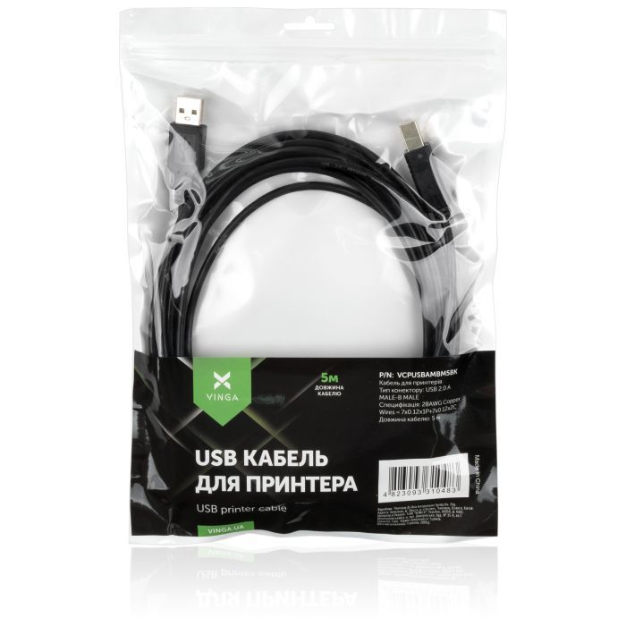 Кабель для принтера USB 2.0 AM/BM 5.0 m Vinga (VCPUSBAMBM5BK) зображення 4