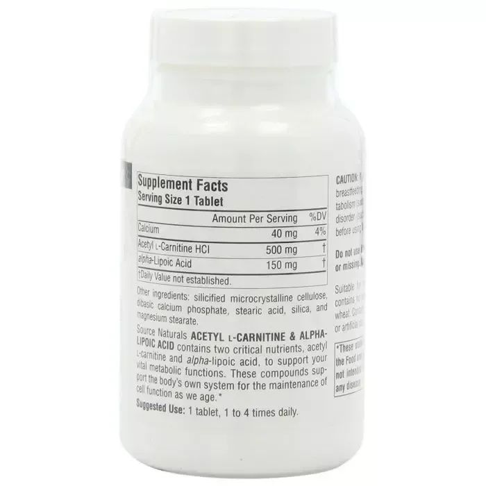 Амінокислота Source Naturals Ацетил-L-Карнітін та Альфа-Ліпоєва Кислота 650мг, 60 табл (SN1799) зображення 2