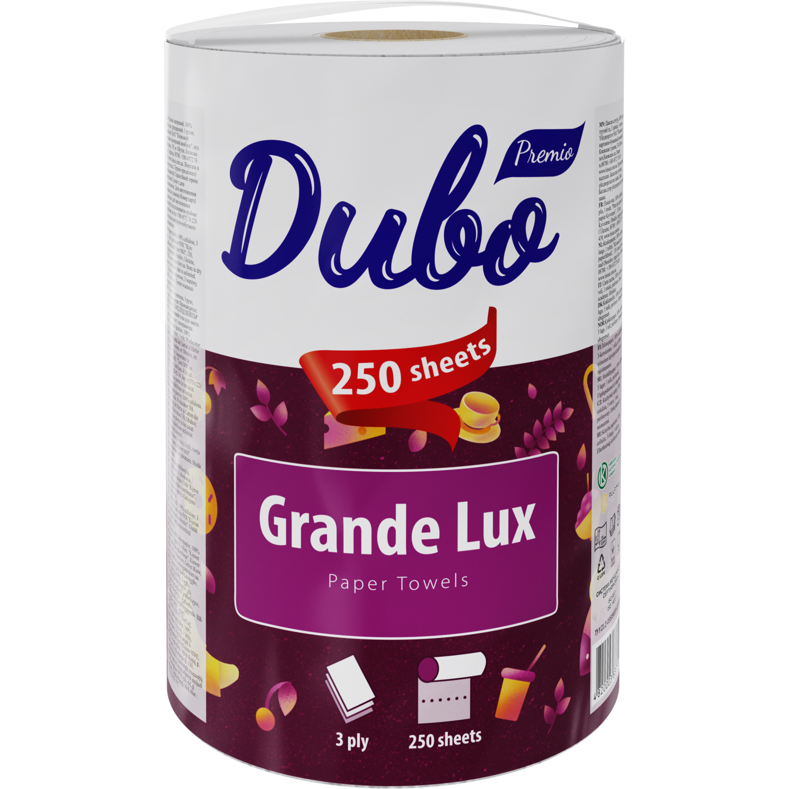 Бумажные полотенца Диво Premio Grande Lux 3 слоя 250 отрывов 1 рулон (4820003837597)