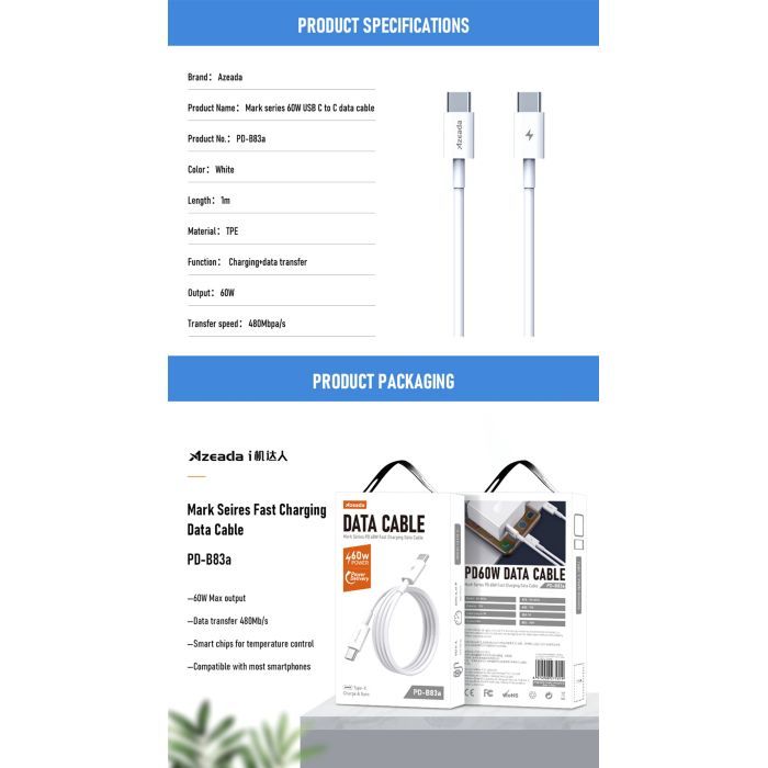 Дата кабель USB-C to USB-C 1.0m PD-B83a 60W Proda (PD-B83a-WHT) изображение 3