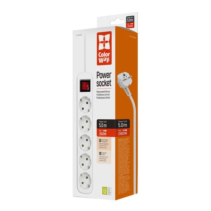 Сетевой фильтр питания ColorWay CW-PSEA55W, 5 розеток/ 5M white (CW-PSEA55W) изображение 8