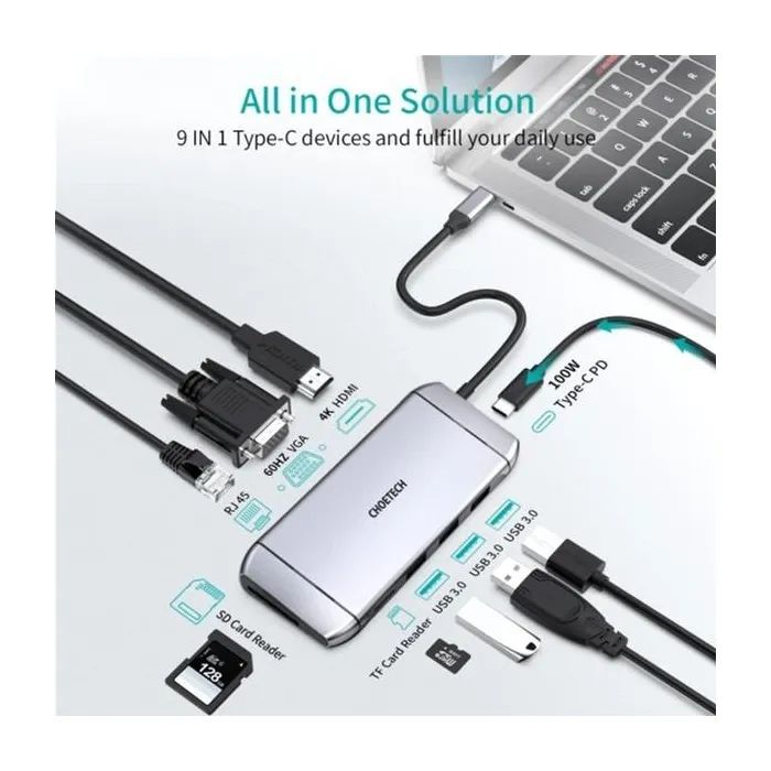 Концентратор Choetech USB-C 9-in-1 (HUB-M15-GY) изображение 3
