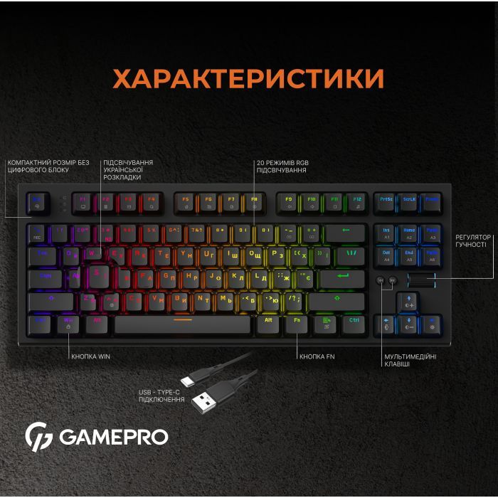 Клавиатура GamePro MK180B Hot-Swap Red Swich RGB USB UA Black (MK180B) изображение 6
