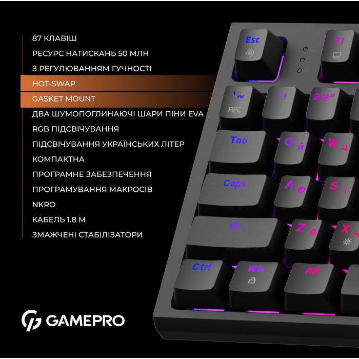 Клавиатура GamePro MK180B Hot-Swap Red Swich RGB USB UA Black (MK180B) изображение 7