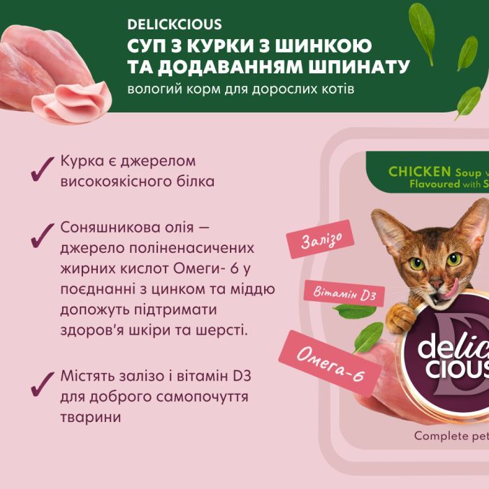 Влажный корм для кошек Delickcious Суп из курицы с ветчиной и добавлением шпината 80 г (4820269141599) изображение 3