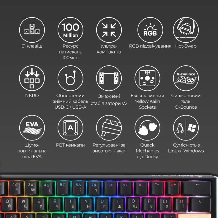 Клавиатура Ducky One 3 Mini Cherry MX Red RGB UA USB White (DKON2161ST-RUAPXPWWWSC1) изображение 4