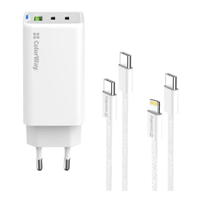 Зарядний пристрій ColorWay GaN Mini 65W PD Port PPS USB (USB-2C1A) cable Type-C&Lightning (CW-CHS058PDCL-WT) зображення 2