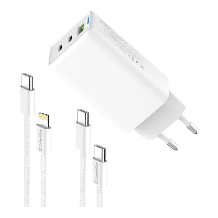 Зарядний пристрій ColorWay GaN Mini 65W PD Port PPS USB (USB-2C1A) cable Type-C&Lightning (CW-CHS058PDCL-WT) зображення 5