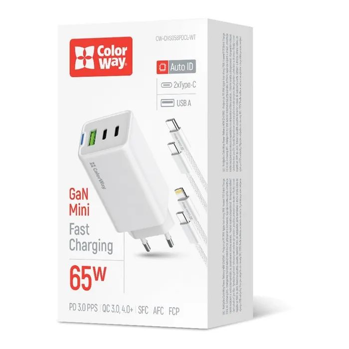 Зарядний пристрій ColorWay GaN Mini 65W PD Port PPS USB (USB-2C1A) cable Type-C&Lightning (CW-CHS058PDCL-WT) зображення 6
