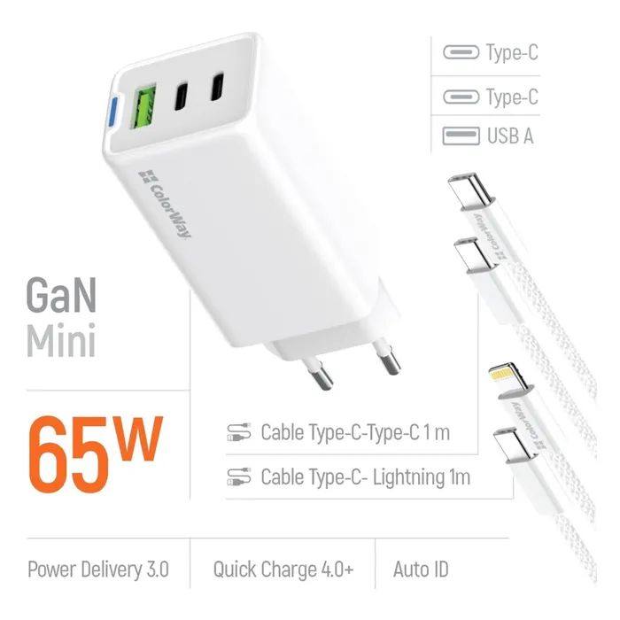 Зарядний пристрій ColorWay GaN Mini 65W PD Port PPS USB (USB-2C1A) cable Type-C&Lightning (CW-CHS058PDCL-WT) зображення 7