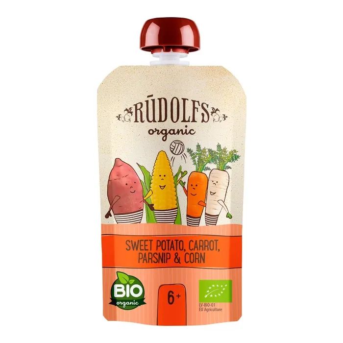 Детское пюре Rudolfs Смузи батат, морковь, пастернак со сладкой кукурузой 110 г (4751017943045)