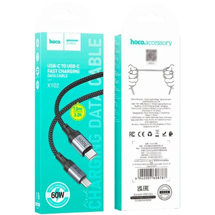 Дата кабель USB-C to USB-C 1.0m 3A nylon X102 black HOCO (6942007608787) изображение 5