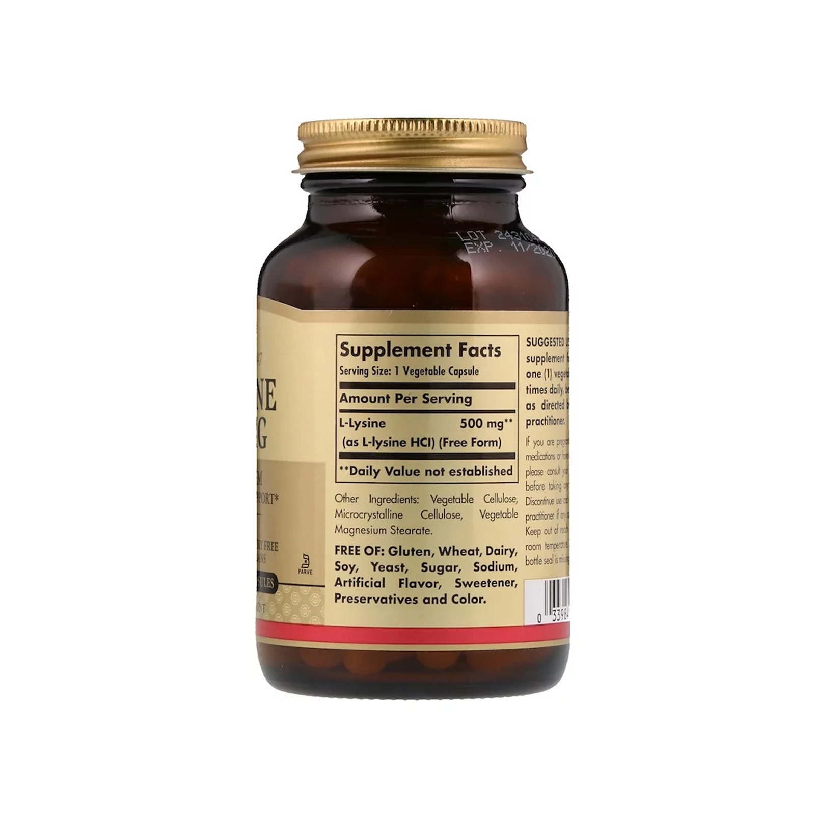 Амінокислота Solgar L-Лізин, L-Lysine, 500 mg, 100 вегетаріанських капсул (SOL-01681) зображення 2