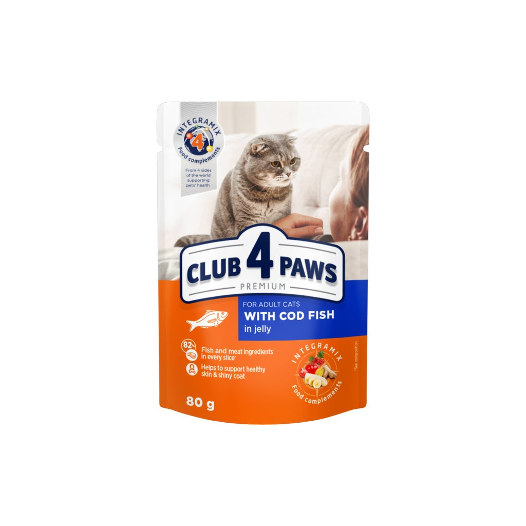 Вологий корм для кішок Club 4 Paws в желе з тріскою 80 г (4820215364645)